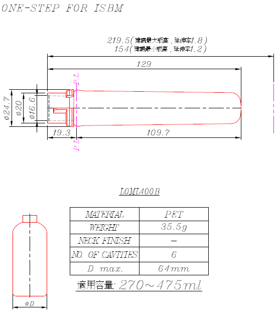 L0ML400B Preform and Bottles