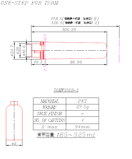 L0MW250B-2 Preform and Bottles