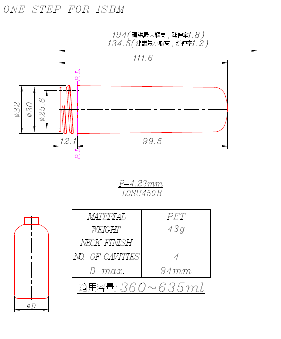 L0SU450B Preform and Bottles