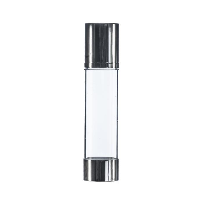 100ml Clear Airless Bottle, Gloss Silver Base & Airless Pump with Gloss Silver Overcap, Collar & White Actuator