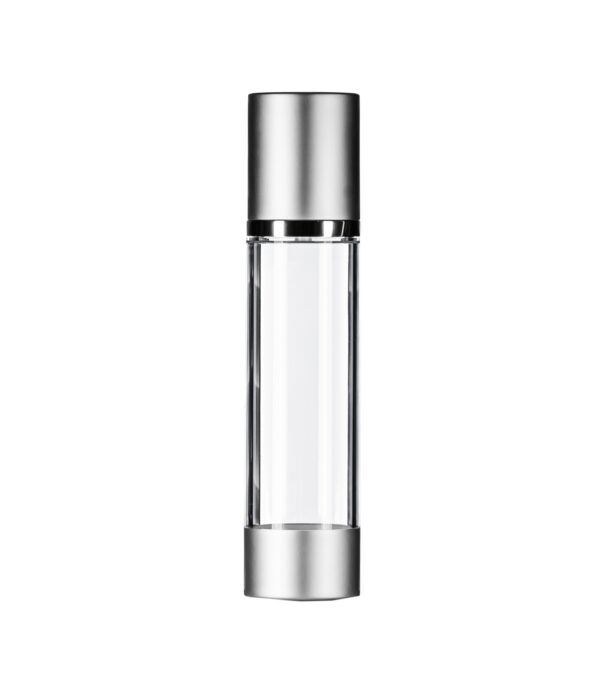 100ml Clear Airless Bottle, Matt Silver Base & Airless Pump with Matt Silver Overcap, Gloss Silver Collar & White Actuator