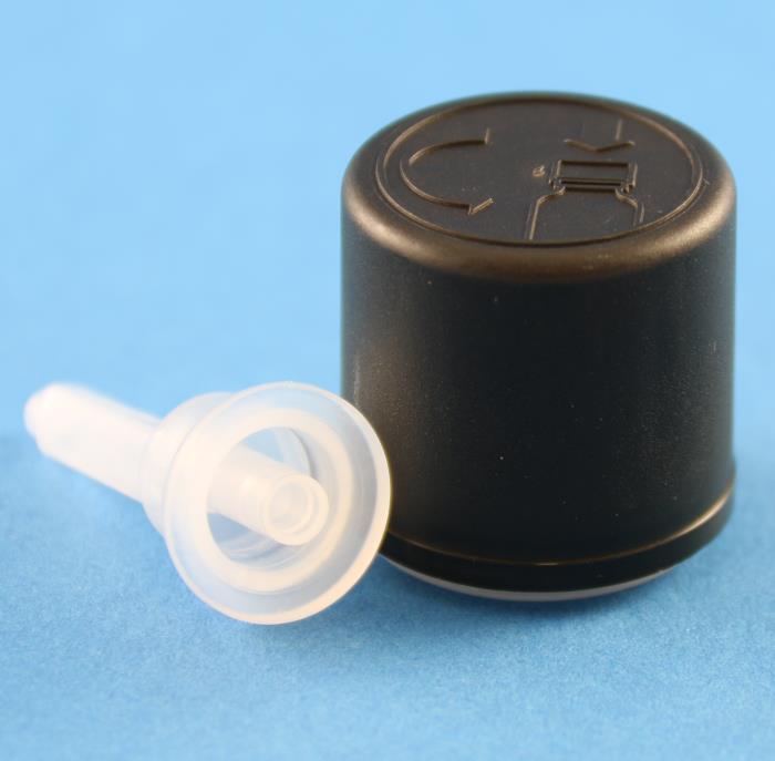 DIN 18mm Black Smooth Child Resistant and Tamper Evident Cap with Dropper Insert