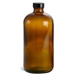 32 oz Amber Glass Round Bottles w/ Black Cone Lined Caps