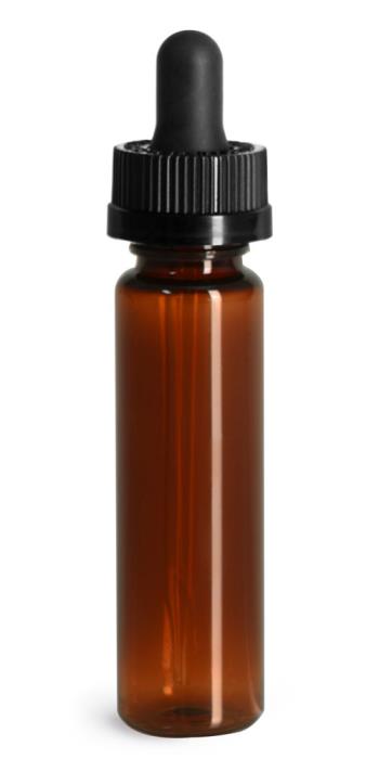 1 oz Plastic Bottles, Amber PET Slim Line Cylinders w/ Black Child Resistant Glass Droppers