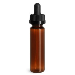 1 oz Plastic Bottles, Amber PET Slim Line Cylinders w/ Black Child Resistant Glass Droppers