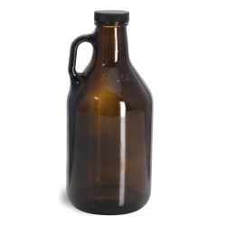 32 oz Glass Bottles, Amber Glass Handle Jugs w/ Black Ribbed Lined Caps