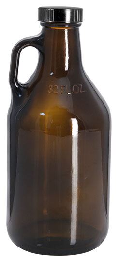 32 oz Amber Glass Handle Jugs w/ Black Phenolic Cone Lined Caps