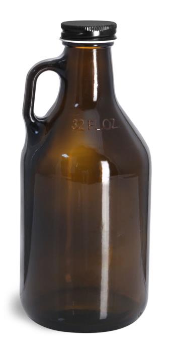 32 oz  Glass Bottles, Amber Glass Handle Jugs w/ Black Metal Plastisol Lined Caps