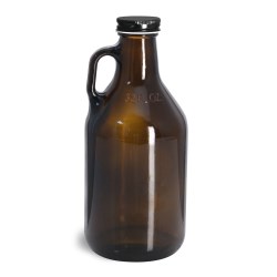 32 oz  Glass Bottles, Amber Glass Handle Jugs w/ Black Metal Plastisol Lined Caps