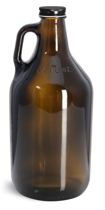 64 oz Glass Bottles, Amber Glass Handle Jugs w/ Black Metal Plastisol Lined Caps