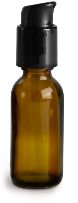 1 oz  Amber Glass Bottles, Boston Round Bottles w/ Black Treatment Pumps