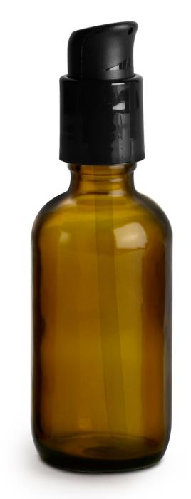 2 oz  Amber Glass Bottles, Boston Round Bottles w/ Black Treatment Pumps