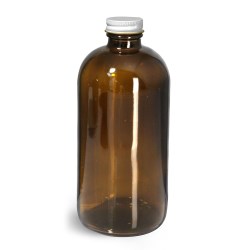 16 oz Glass Bottles, Amber Glass Round Bottles w/ White Metal Plastisol Lined Caps