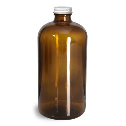 32 oz Glass Bottles, Amber Glass Round Bottles w/ White Metal Plastisol Lined Caps