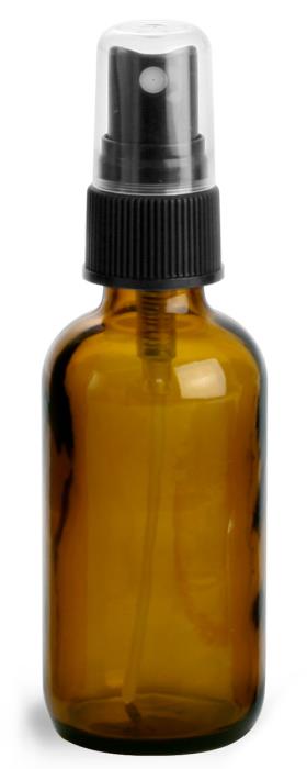 2 oz Amber Glass Round Bottles w/ Black Fine Mist Sprayers