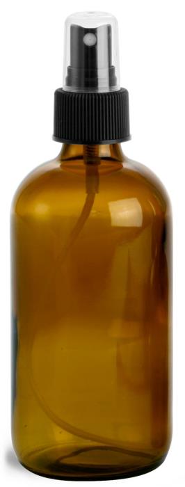 8 oz Amber Glass Round Bottles w/ Black Fine Mist Sprayers