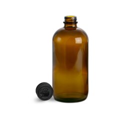 16 oz Glass Bottles, Amber Glass Boston Rounds w/ Black Child Resistant Lined Caps