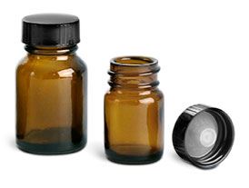 15 cc Amber Glass Pharmaceutical Round Bottles w/ Lined Black Phenolic Caps