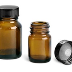 15 cc Amber Glass Pharmaceutical Round Bottles w/ Lined Black Phenolic Caps