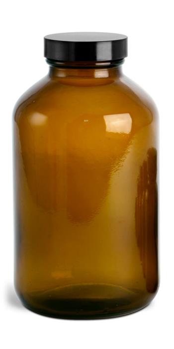 950 cc * Amber Glass Pharmaceutical Round Bottles w/ Lined Black Phenolic Caps