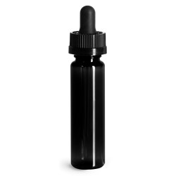 1 oz Plastic Bottles, Black PET Slim Line Cylinders w/ Black Child Resistant Glass Droppers