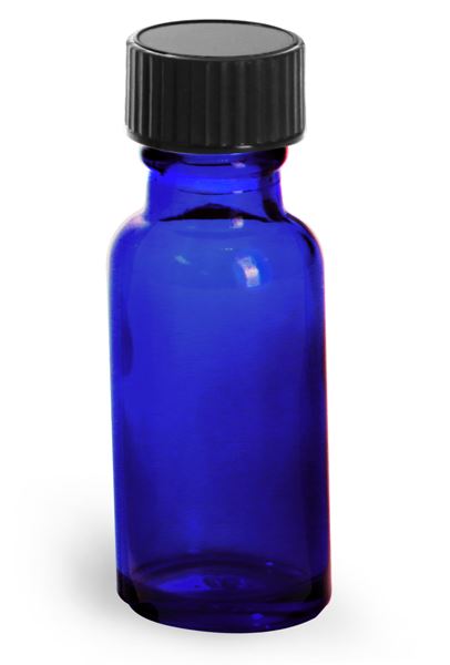 1/2 oz  Blue Glass Round Bottles w/ Black Phenolic Cone Lined Caps