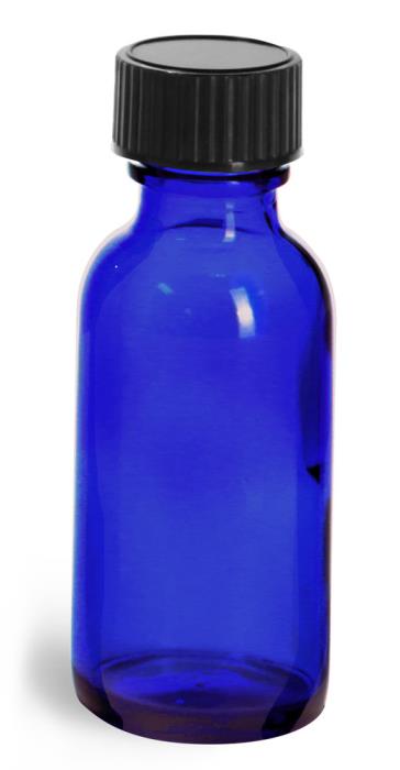 1 oz  Blue Glass Round Bottles w/ Black Phenolic Cone Lined Caps