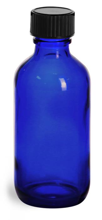 2 oz  Blue Glass Round Bottles w/ Black Phenolic Cone Lined Caps