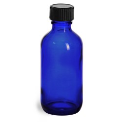 2 oz  Blue Glass Round Bottles w/ Black Phenolic Cone Lined Caps