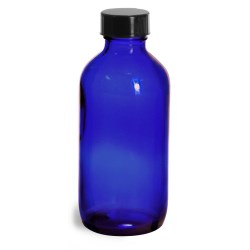 4 oz  Blue Glass Round Bottles w/ Black Phenolic Cone Lined Caps