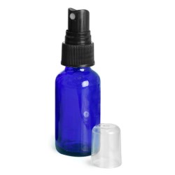 1 oz Blue Glass Round Bottles w/ Black Fine Mist Sprayers