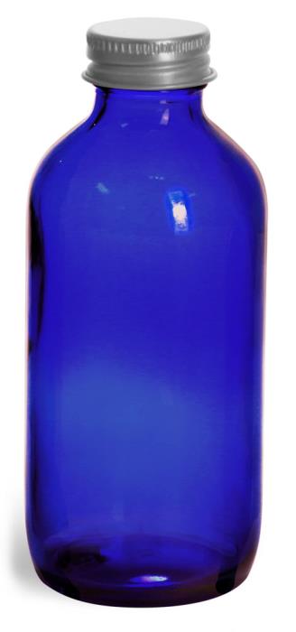 4 oz Blue Cobalt Glass Round Bottles w/ Lined Aluminum Caps