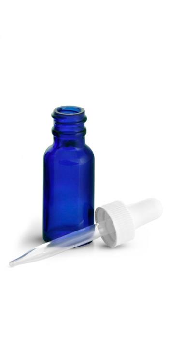 1/2 oz  Blue Glass Round Bottles w/ White Bulb Glass Droppers