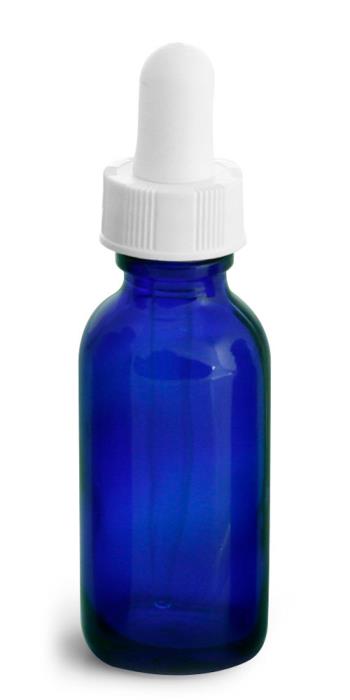 1 oz  Blue Glass Round Bottles w/ White Bulb Glass Droppers