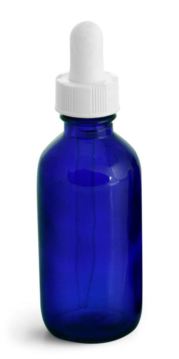 2 oz  Blue Glass Round Bottles w/ White Bulb Glass Droppers