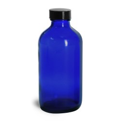 8 oz Blue Glass Round Bottles w/ Black Phenolic Cone Lined Caps