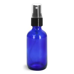 2 oz Glass Bottles, Blue Glass Boston Rounds w/ Smooth Black Fine Mist Sprayers