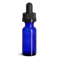 1/2 oz Glass Bottles, Blue Glass Boston Rounds w/ Child Resistant Glass Droppers