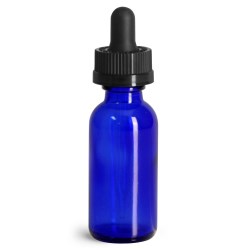 1 oz Glass Bottles, Blue Glass Boston Rounds w/ Child Resistant Glass Droppers