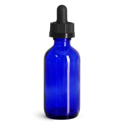 2 oz Glass Bottles, Blue Glass Boston Rounds w/ Child Resistant Glass Droppers