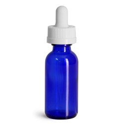 1 oz Glass Bottles, Blue Glass Boston Rounds w/ White Child Resistant Glass Droppers