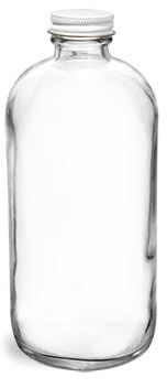 16 oz  Clear Glass Round Bottles w/ Foil Lined White Metal Caps