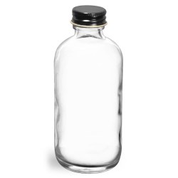 4 oz  Clear Glass Round Bottles w/ Foil Lined Black Metal Caps