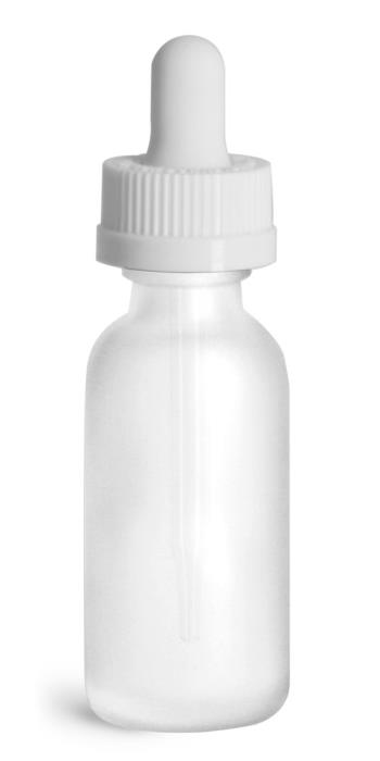 1 oz Glass Bottles, Frosted Glass Boston Rounds w/ White Child Resistant Glass Droppers