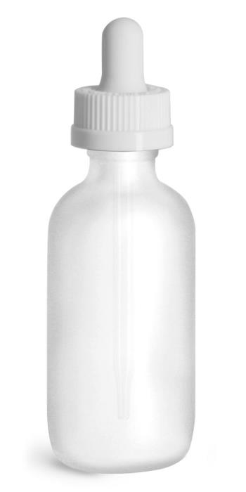 2 oz Glass Bottles, Frosted Glass Boston Rounds w/ White Child Resistant Glass Droppers