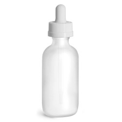 2 oz Glass Bottles, Frosted Glass Boston Rounds w/ White Child Resistant Glass Droppers