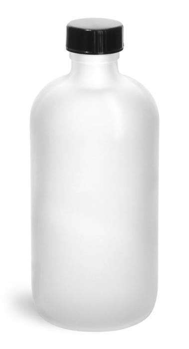 8 oz  Frosted Glass Round Bottles w/ Black Phenolic Cone Lined Caps