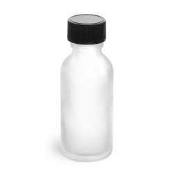 1 oz Frosted Glass Round Bottles w/ Black Phenolic Cone Lined Caps