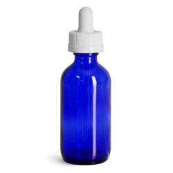 2 oz Glass Bottles, Blue Glass Boston Rounds w/ White Child Resistant Glass Droppers