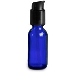 1 oz Glass Bottles, Blue Glass Boston Round Bottles w/ Black Treatment Pumps